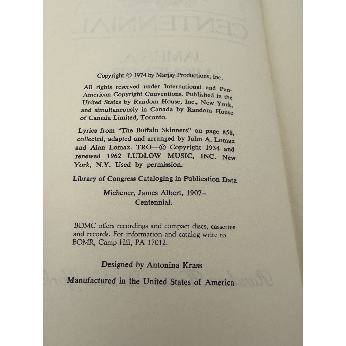 Centennial James A Michener 1974 HC Dust Jacket Random House Vintage Cover
