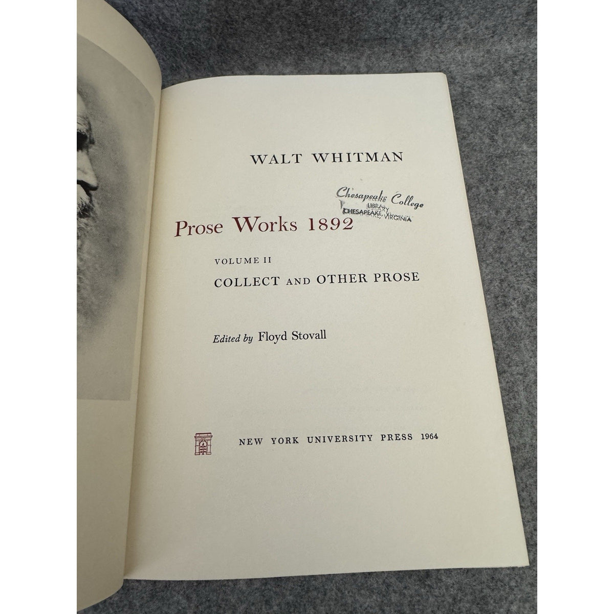 Walt Whitman Prose Works 1892 Vol II HC DJ 1964 NYU Press