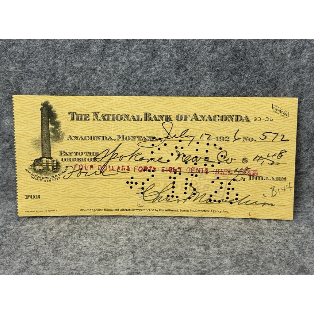 1926 Anaconda Montana Bank Check Smelter Stack Vignette Spokane News Co.