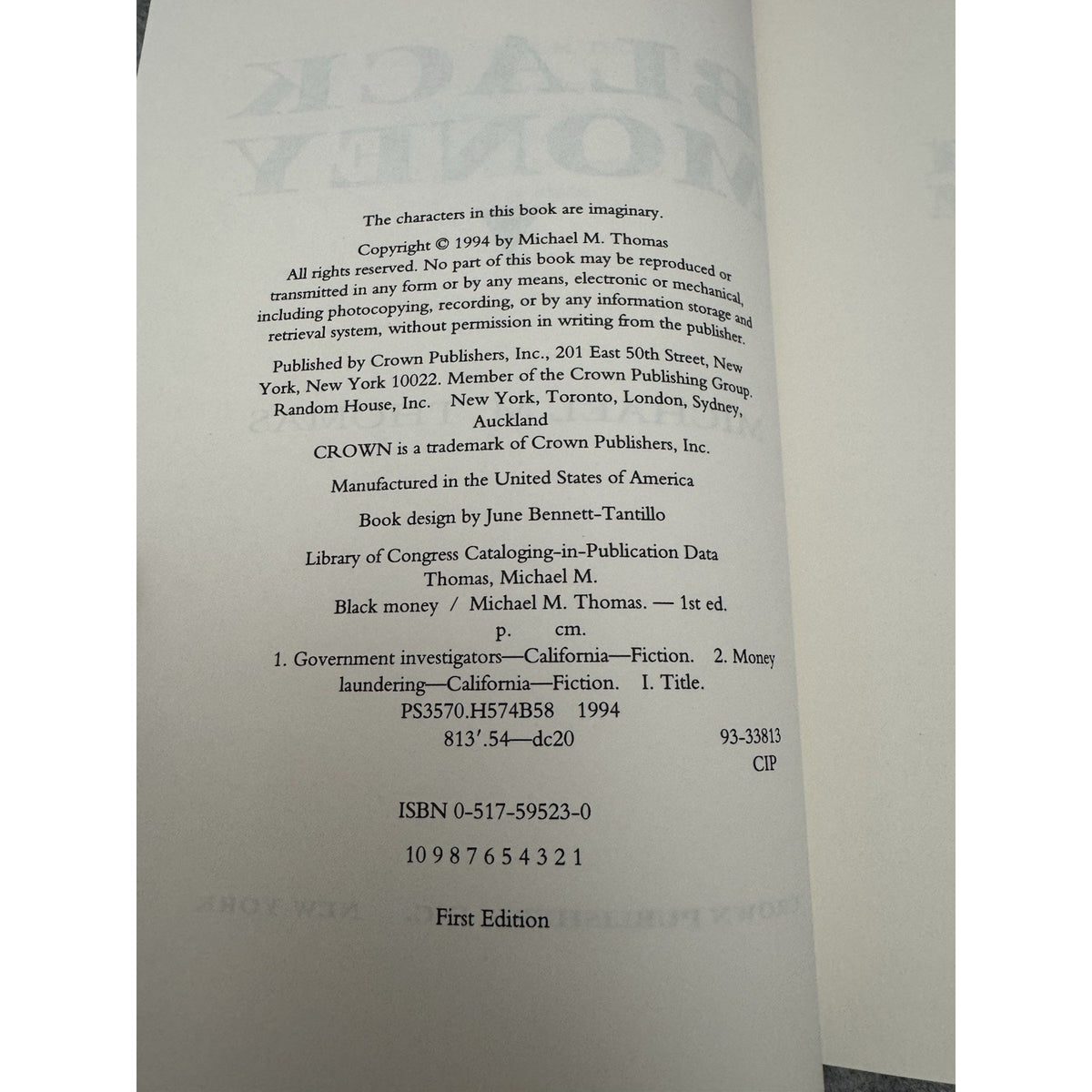 Black Money Michael M Thomas 1994 1st Edition HC DJ Crown Thriller