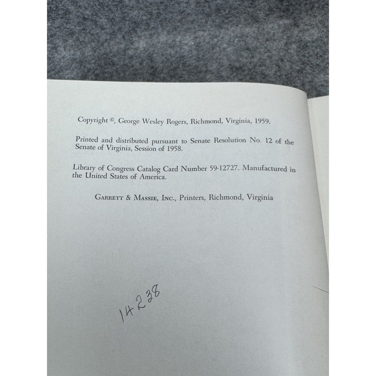 1959 Officers of the Senate of Virginia 1776-1956 George Wesley Rogers HC