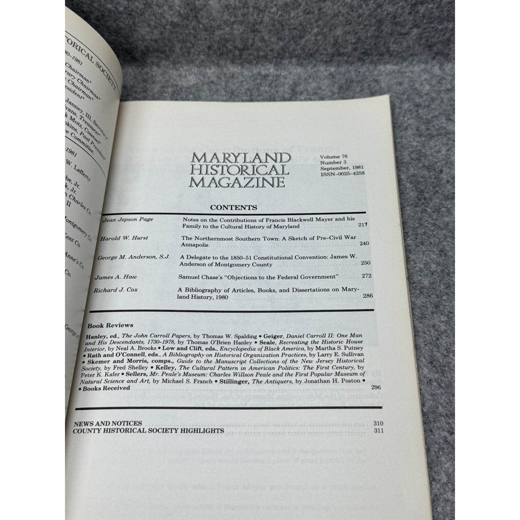 1981 Maryland Historical Magazine Pre-Civil War Annapolis Samuel Chase Vol 76