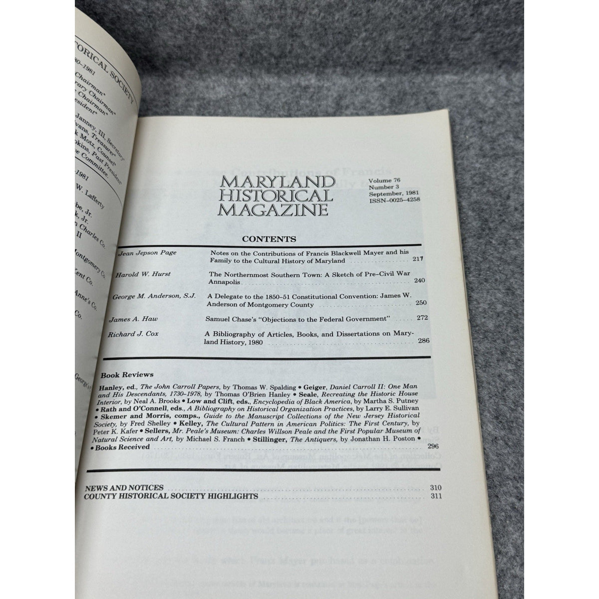 1981 Maryland Historical Magazine Pre-Civil War Annapolis Samuel Chase Vol 76