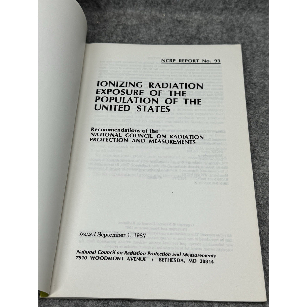NCRP Report 93 Ionizing Radiation Exposure U.S. Population 1987 Nuclear