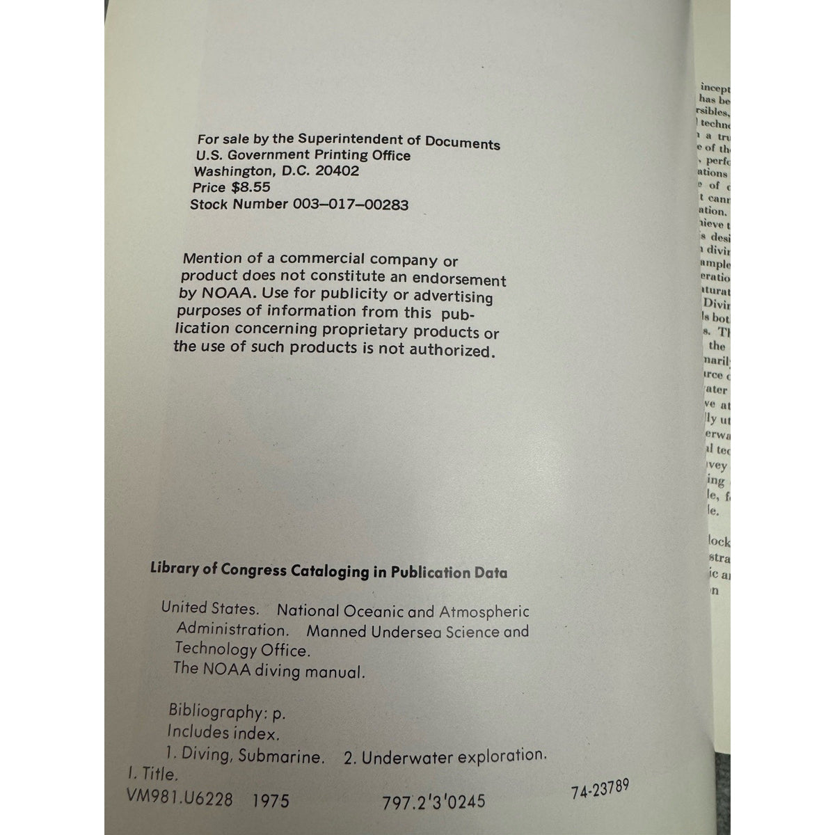1975 NOAA Diving Manual Diving for Science & Technology Softcover
