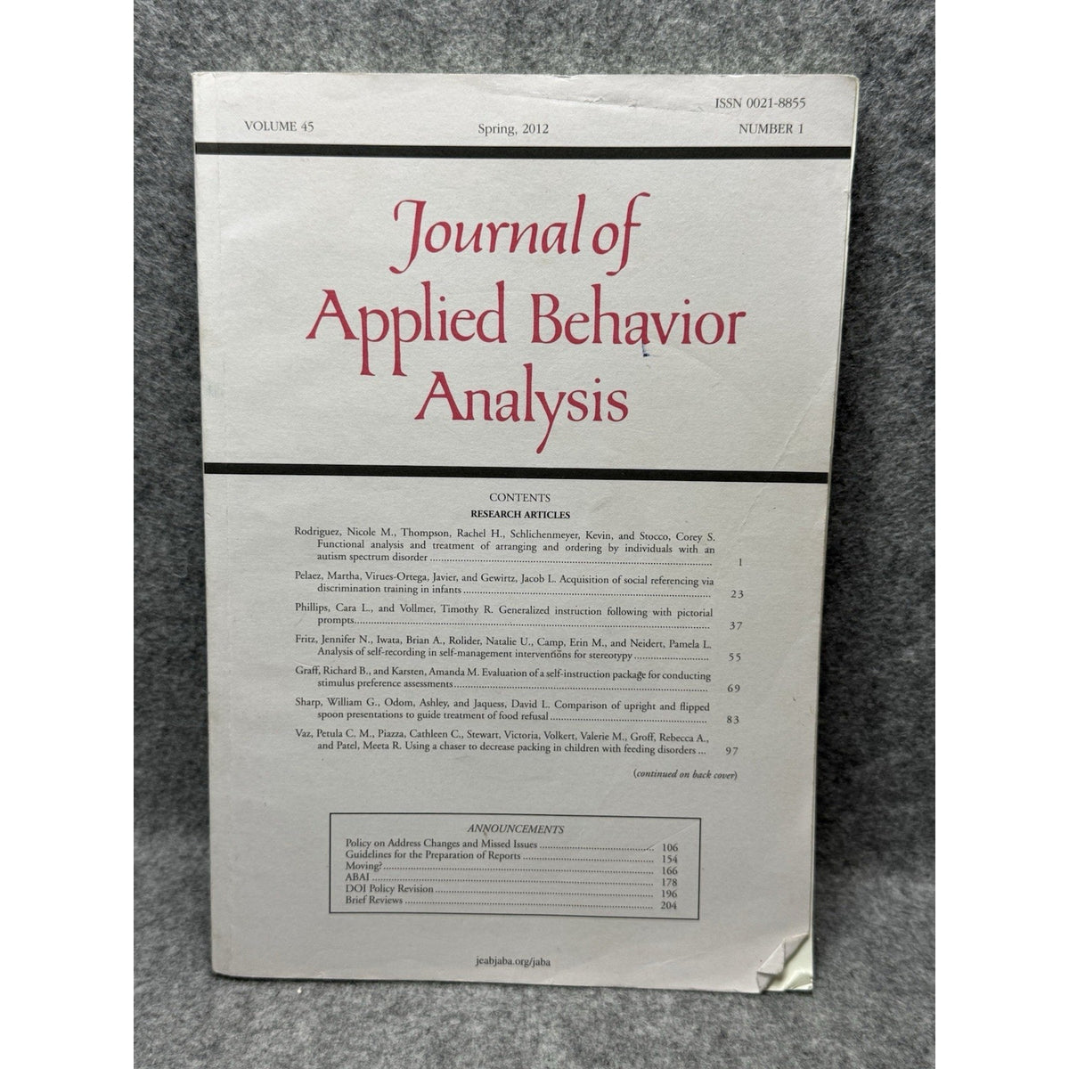 2012 Journal of Applied Behavior Analysis Vol 45 No 1 Autism ABA Research