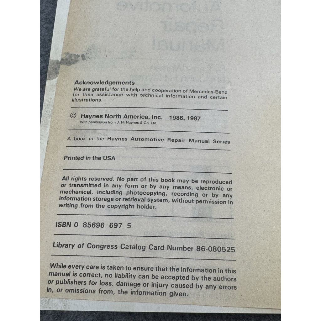 1987 Haynes Mercedes-Benz Diesel W123 1976-1985 Repair Manual 240D 300D 300TD
