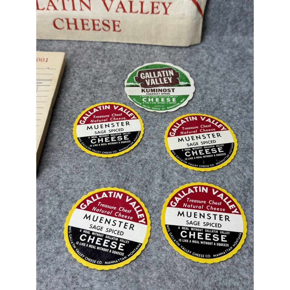 Vintage Gallatin Valley Cheese Montana Lot Paper Hat 5 Labels Invoice Pad