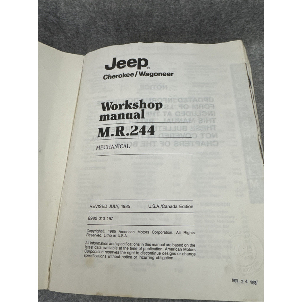 1985 Jeep Cherokee/Wagoneer Workshop Manual - M.R.244 Mechanical
