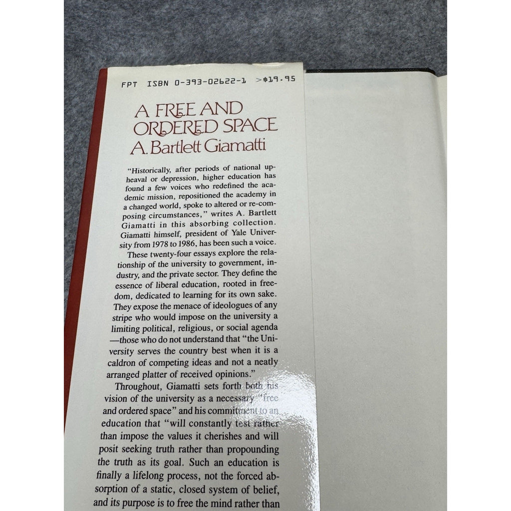 A Free and Ordered Space 1988 A Bartlett Giamatti First Edition HC Dust Jacket