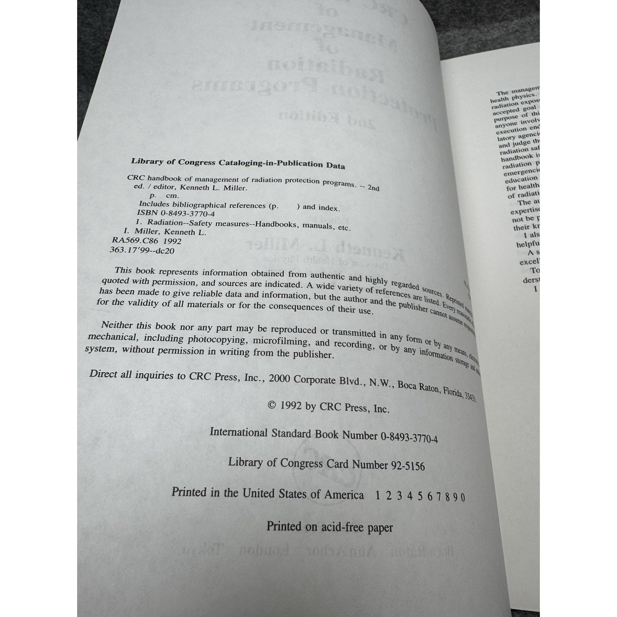 CRC Handbook Management Radiation Protection Programs 2nd Ed Miller Hardcover