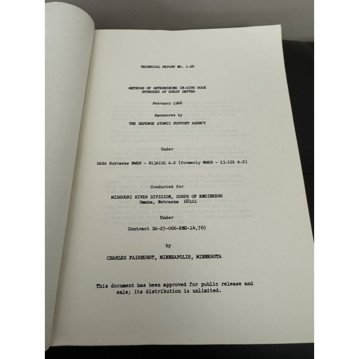 1968 US Army Corps Rock Stress Report Fairhurst In-Situ Mining