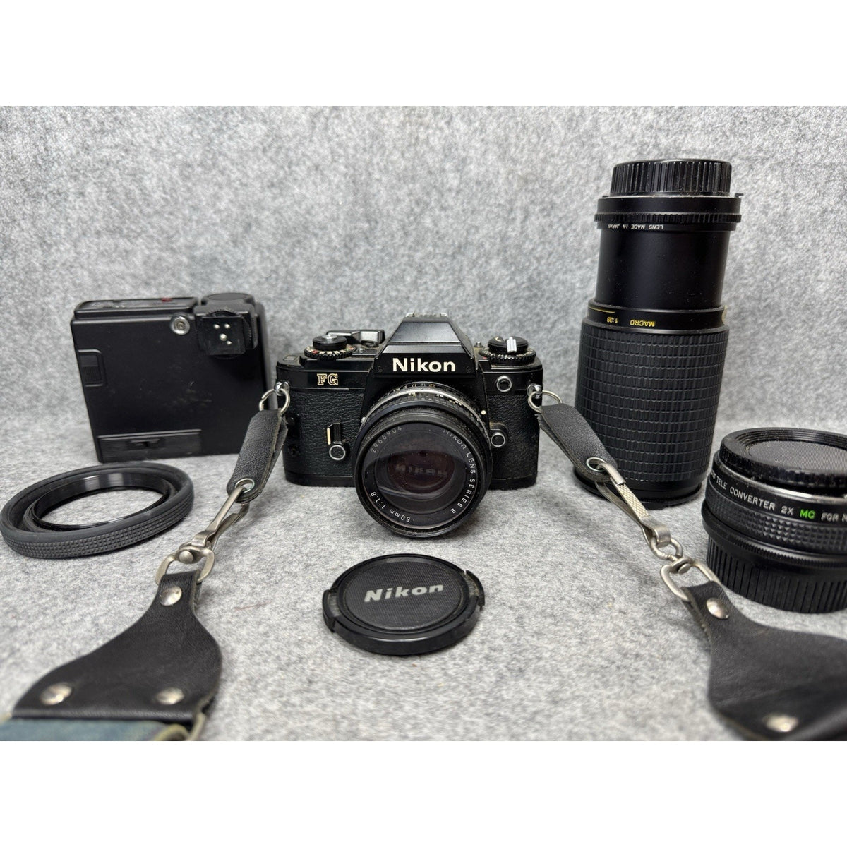 Nikon FG 35mm Camera Lot Series E 50mm 1.8 Quantaray 80-200 SB-15 Untested