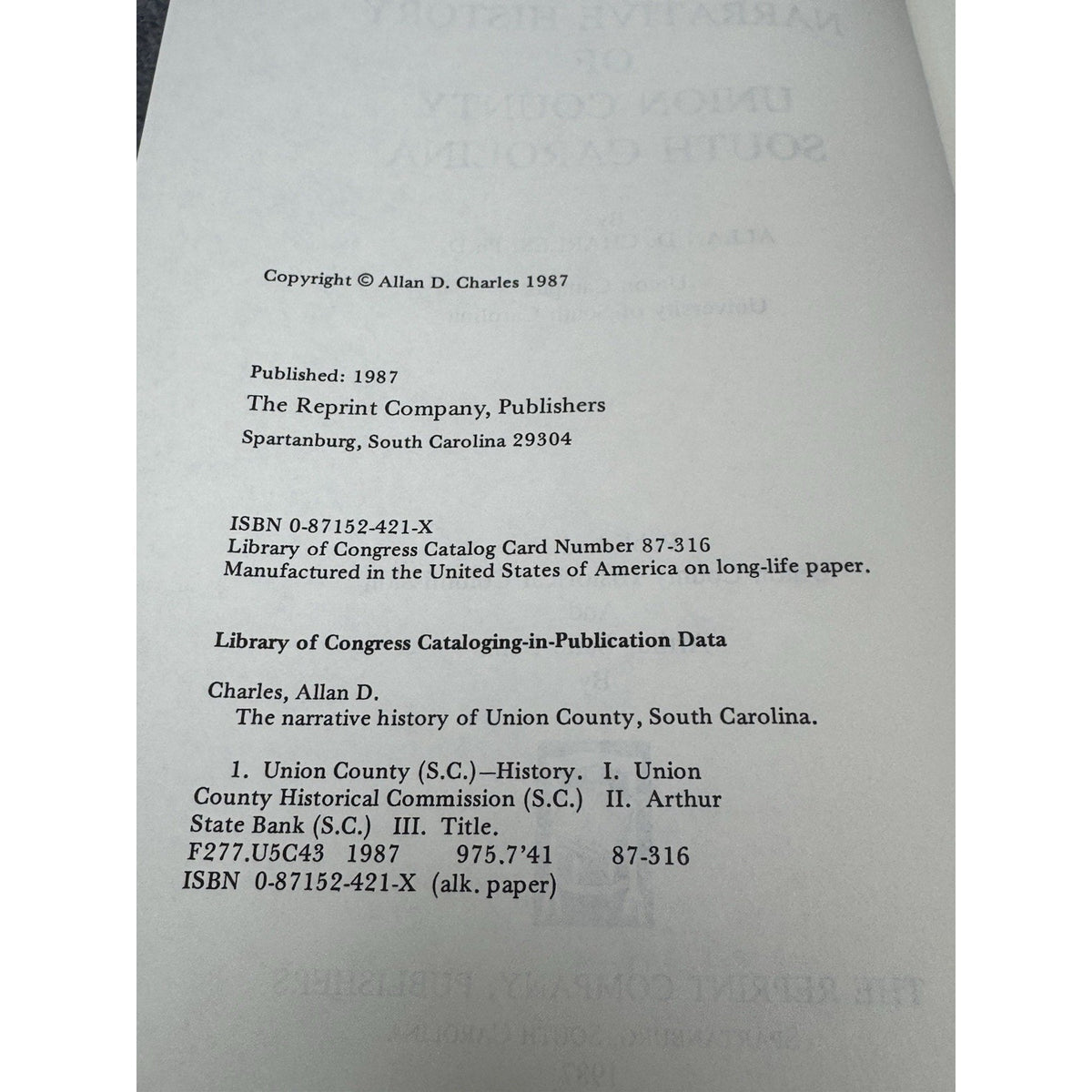 Narrative History Union County South Carolina Allan Charles Genealogy HC DJ