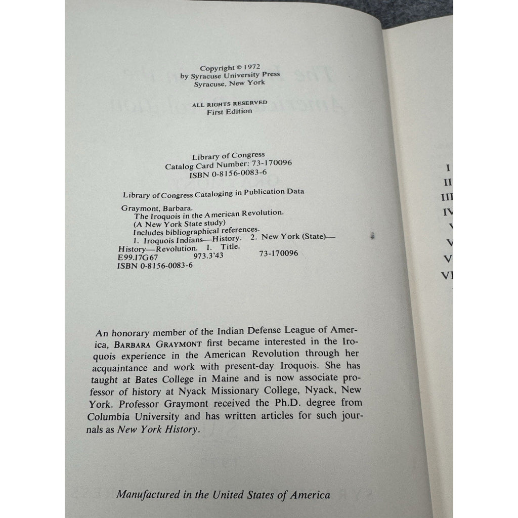 1972 The Iroquois in the American Revolution Graymont 1st Edition Hardcover