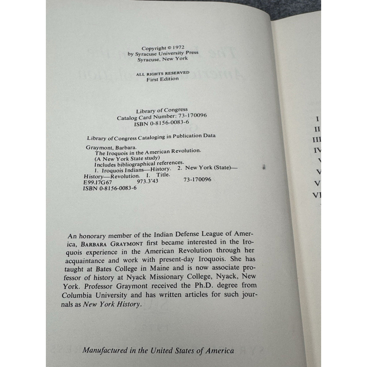 1972 The Iroquois in the American Revolution Graymont 1st Edition Hardcover