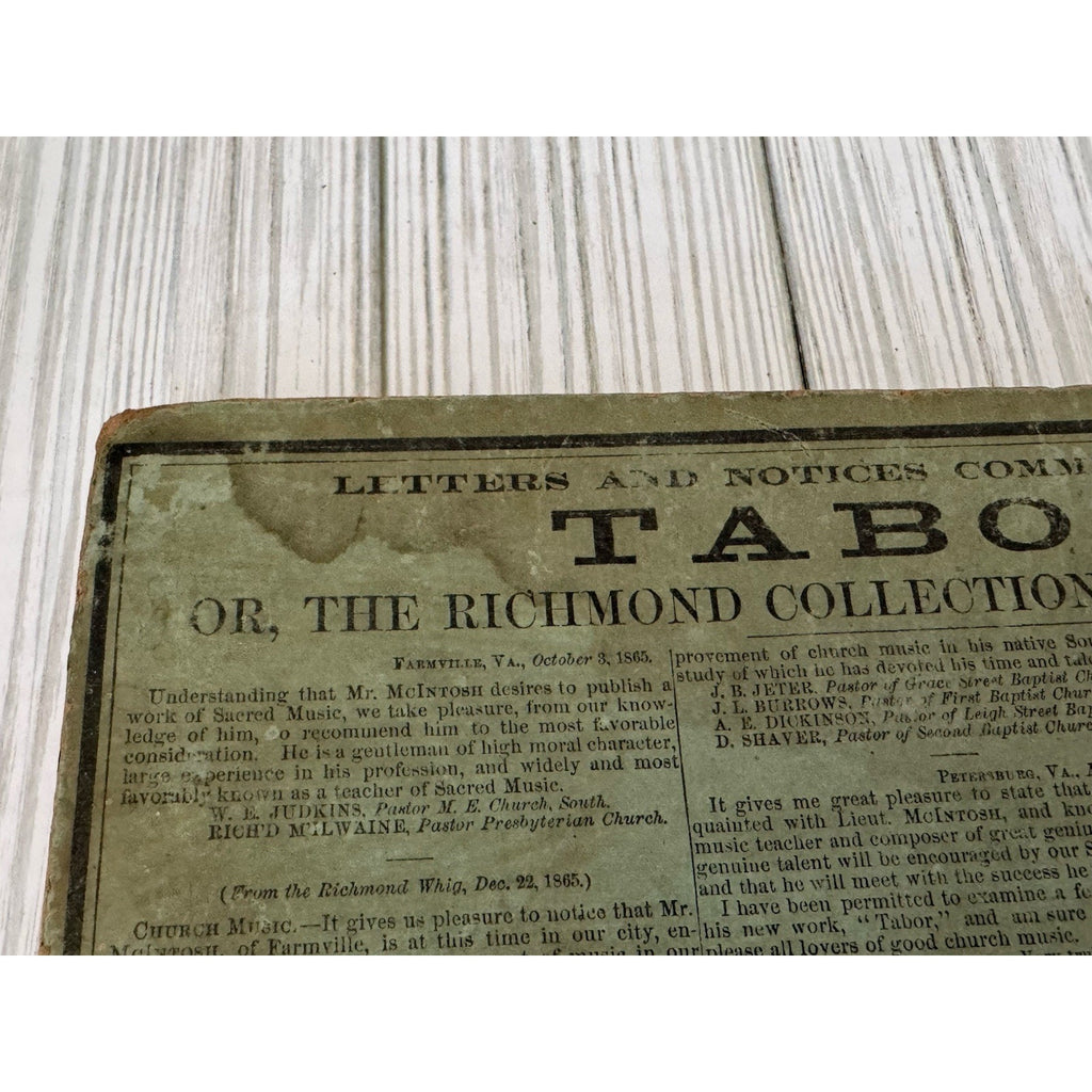 c1865 TABOR Richmond Sacred Music McIntosh Civil War Era Hymnal Rare