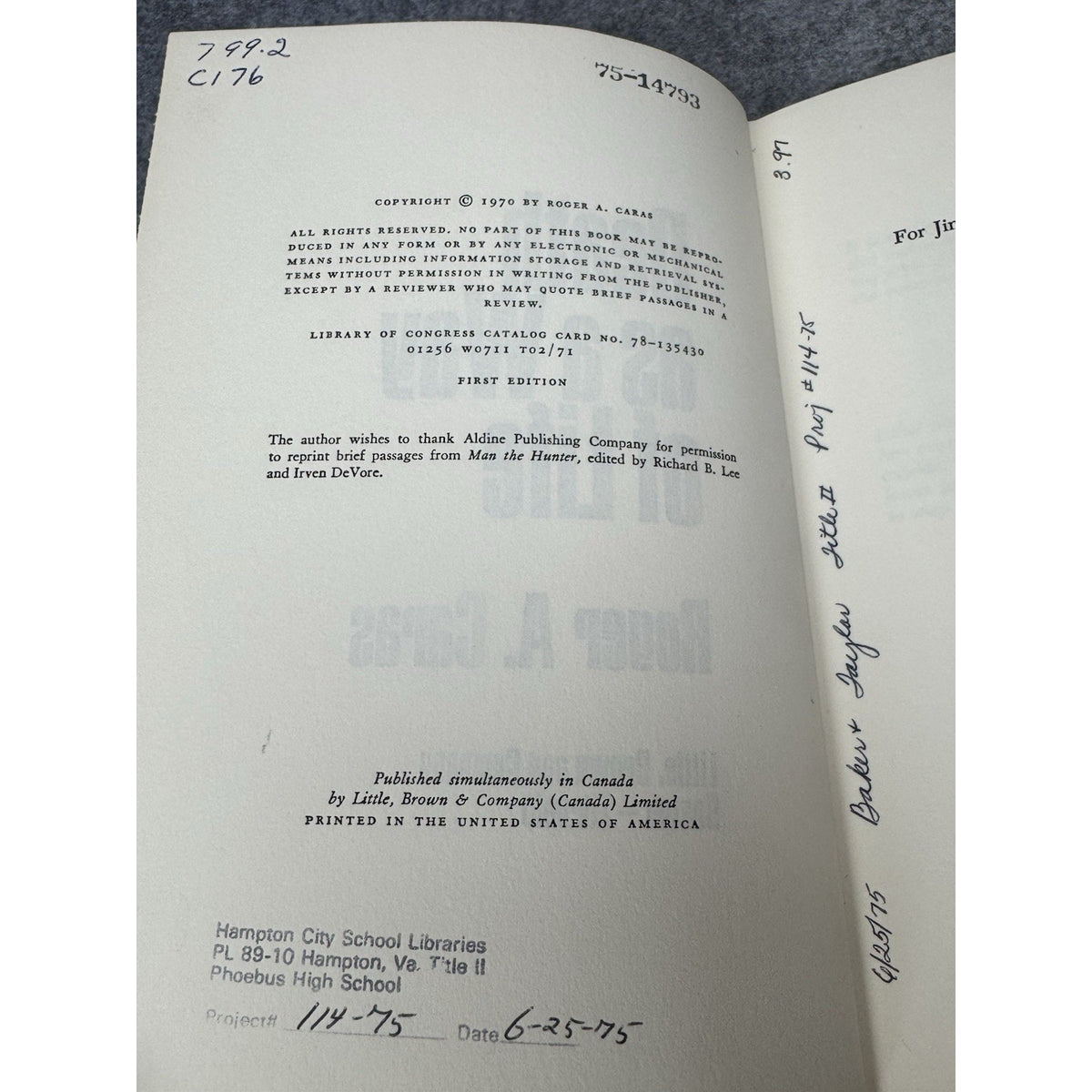 1970 Death as a Way of Life Roger Caras First Edition Hunting Hardcover DJ