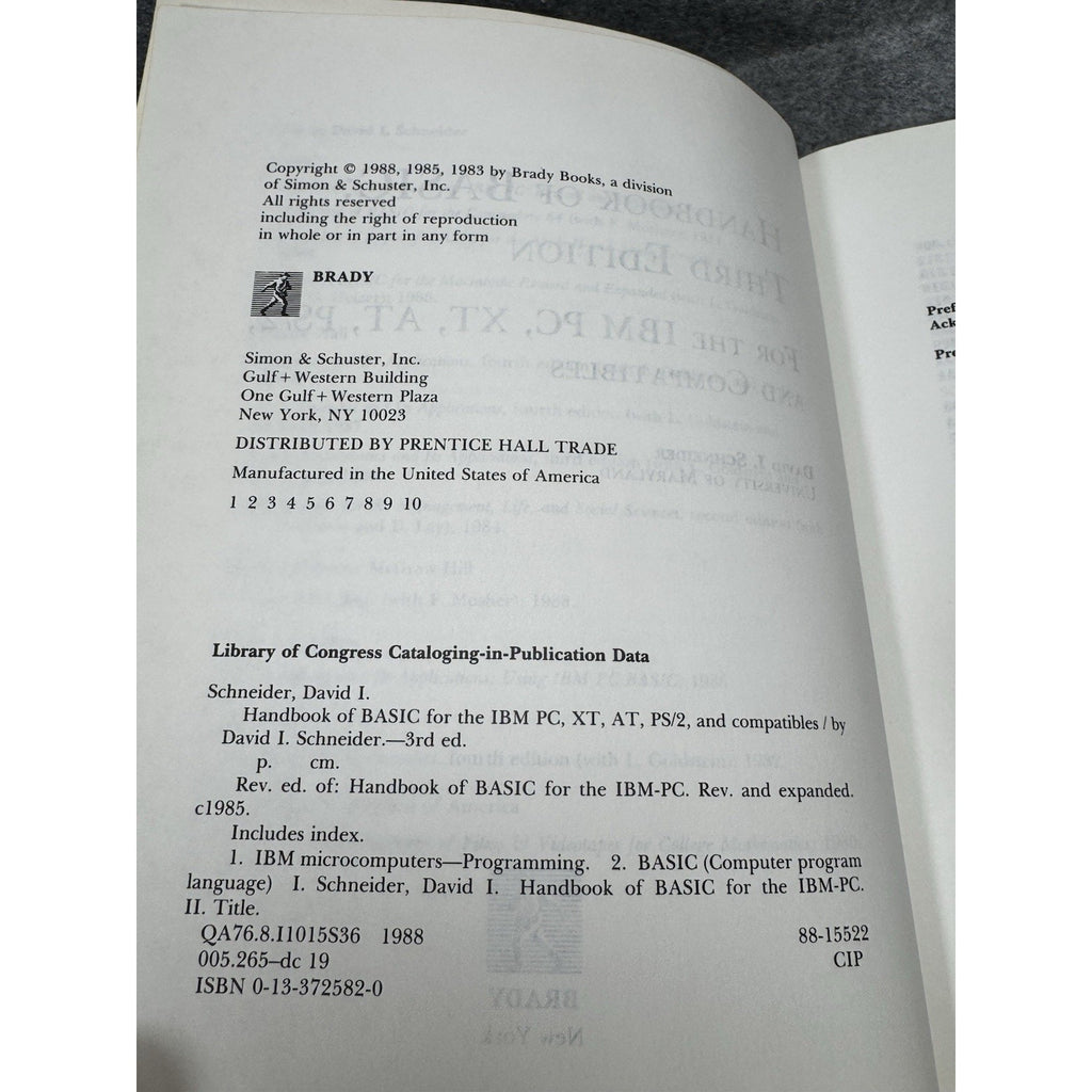 Handbook of BASIC 3rd Ed IBM PC XT AT PS/2 David I Schneider Brady 1988