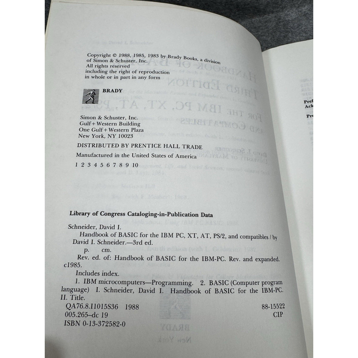 Handbook of BASIC 3rd Ed IBM PC XT AT PS/2 David I Schneider Brady 1988