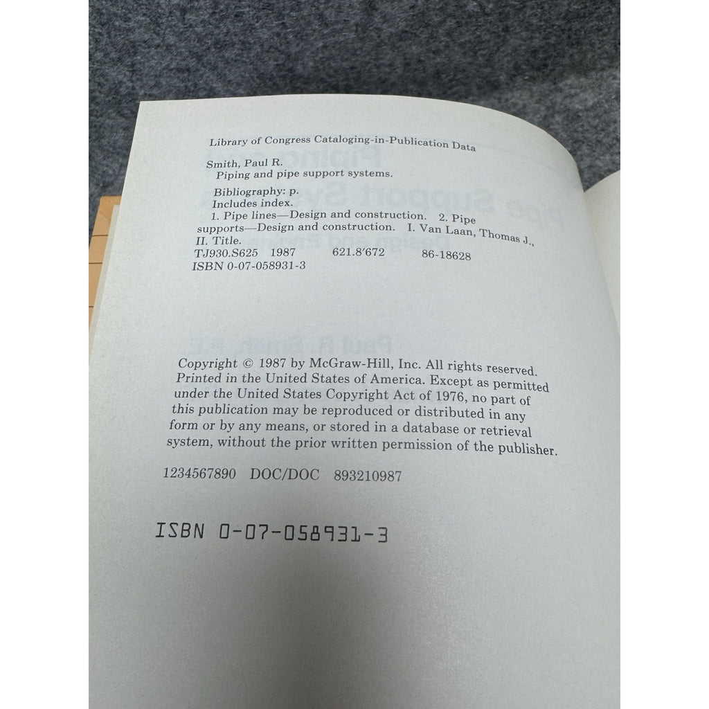 Piping and Pipe Support Systems Smith Van Laan 1987 First Edition Hardcover