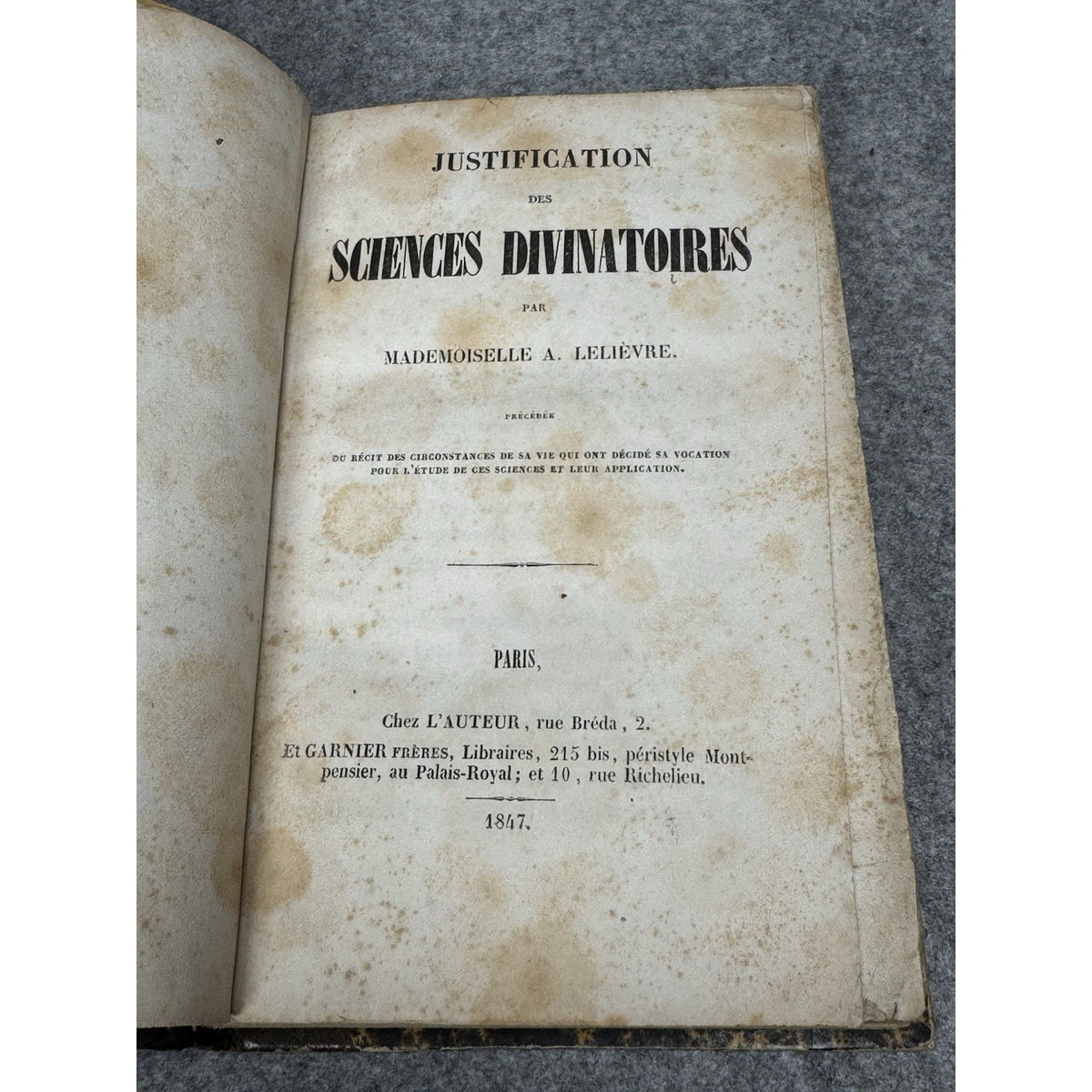 1847 Justification Sciences Divinatoires Occult Divination First Edition