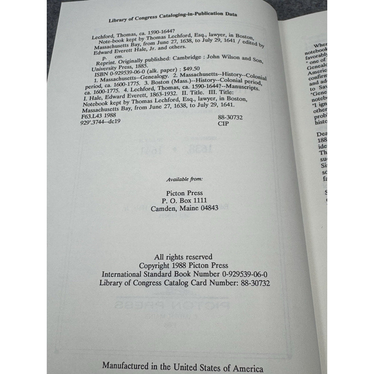 Thomas Lechford Note-Book 1638-1641 Colonial Boston Genealogy Picton 1988