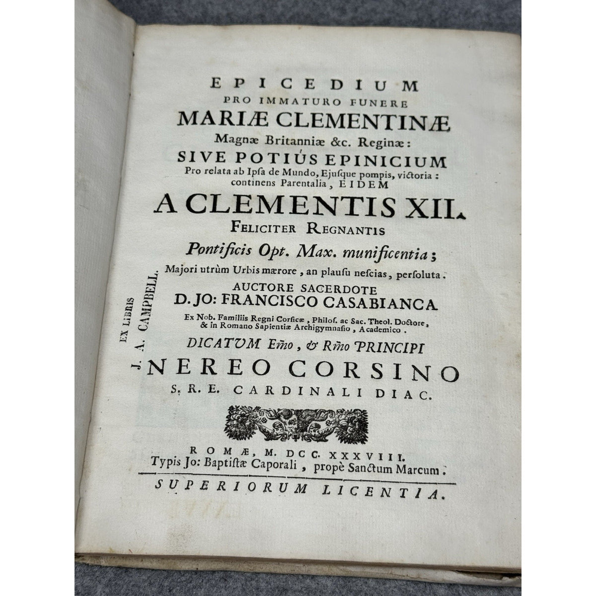 1738 Epicedium Mariae Clementinae Casabianca Jacobite Vellum Garampi Bookplate