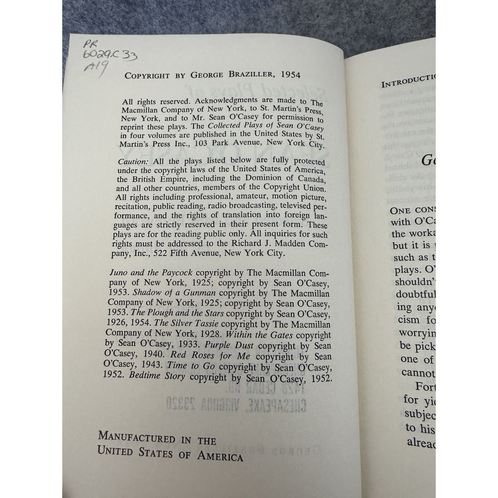 1954 Selected Plays of Sean O’Casey HC/DJ George Braziller