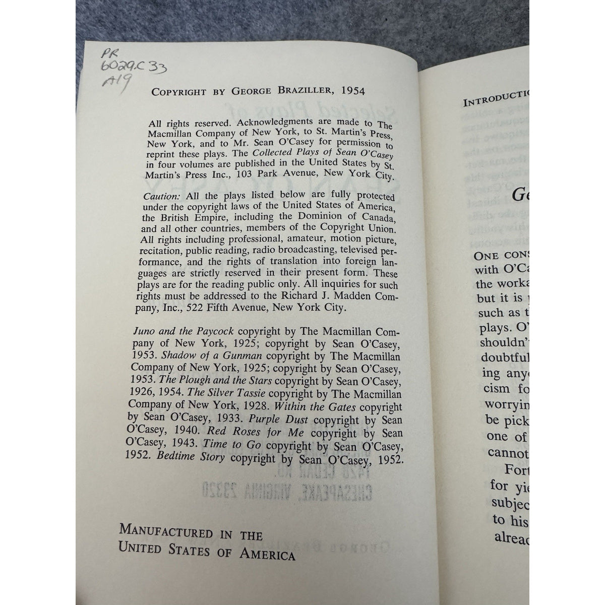 1954 Selected Plays of Sean O’Casey HC/DJ George Braziller