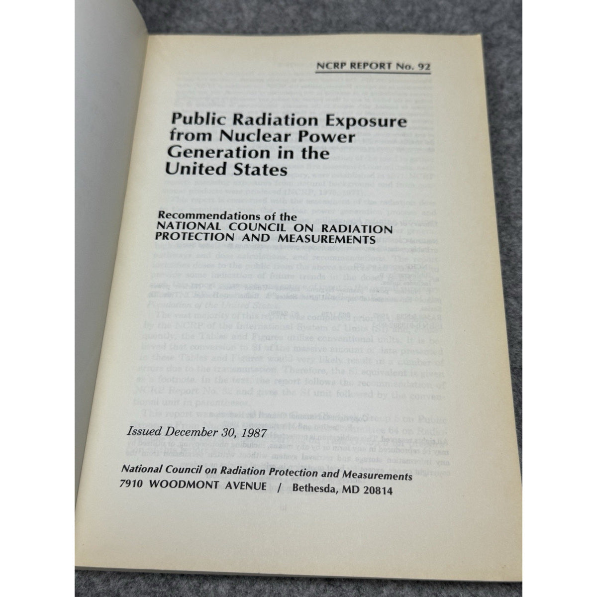 NCRP Report 92 Public Radiation Exposure Nuclear Power Generation US