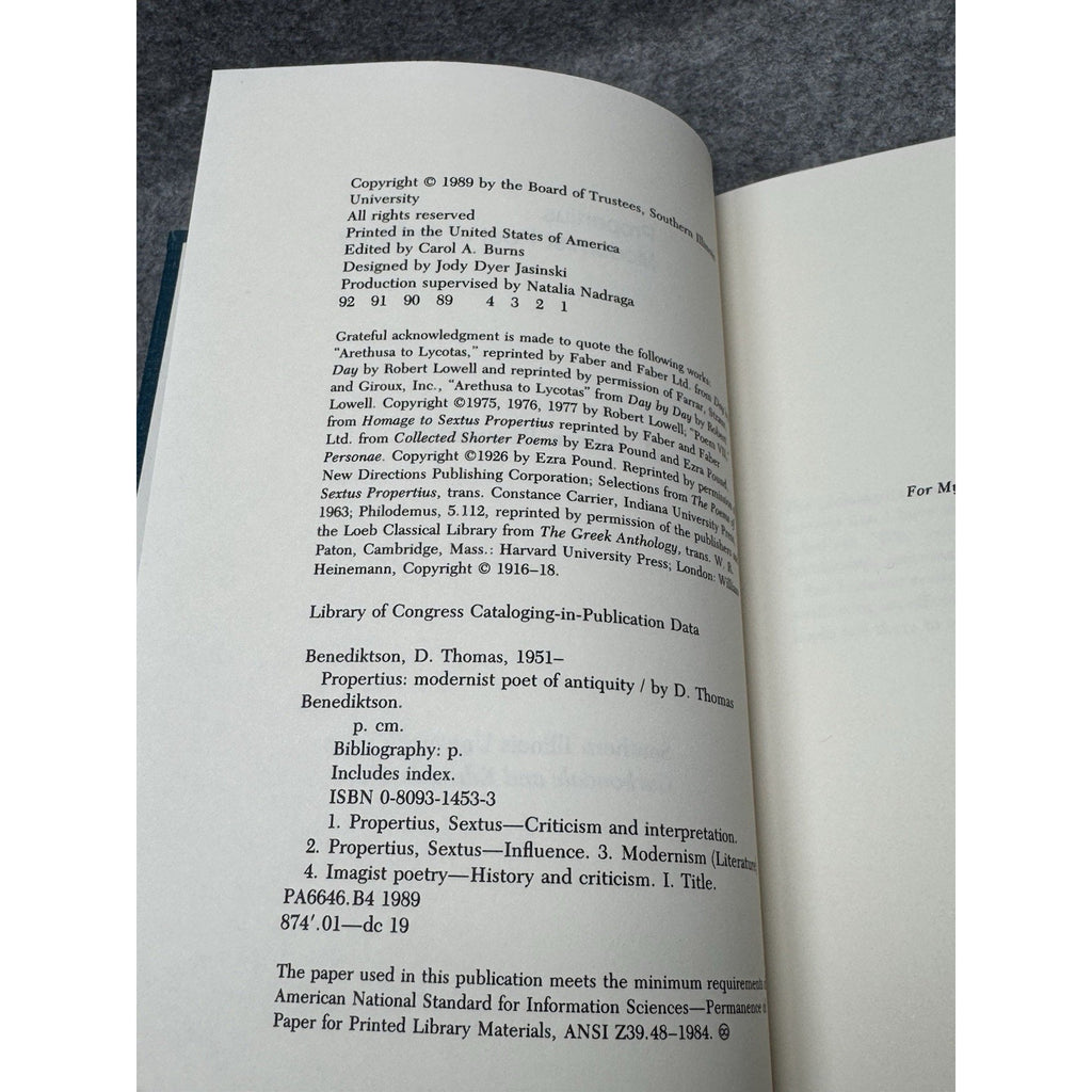 Propertius Modernist Poet of Antiquity Benediktson 1989 1st Edition HC