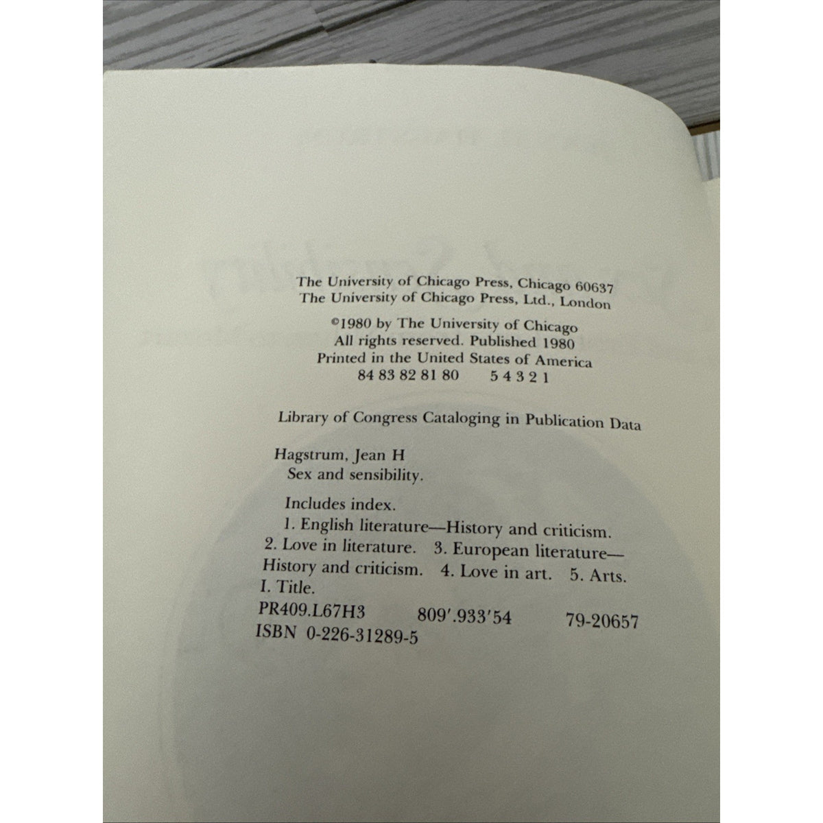 Sex And Sensibility By Hagstrum, Jean H.