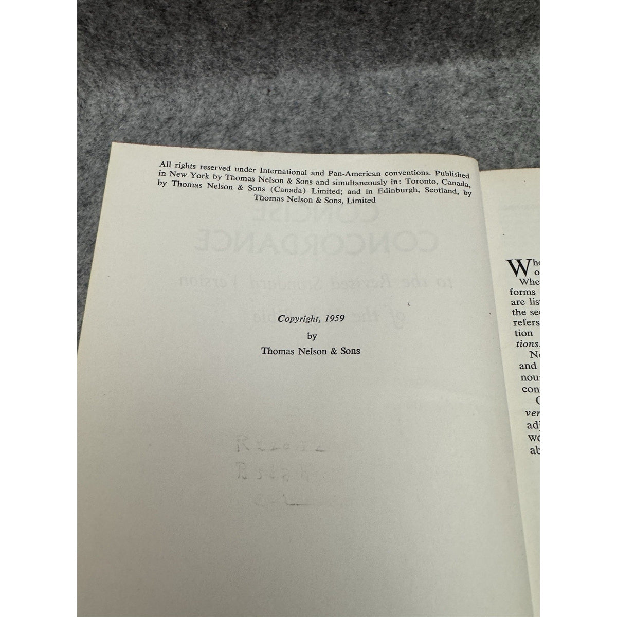 Concise Concordance RSV Holy Bible 1959 Thomas Nelson Hardcover