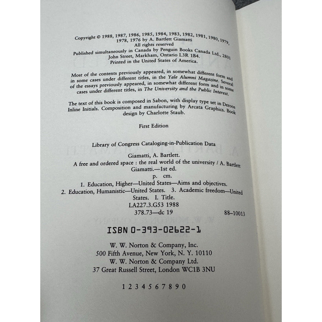 A Free and Ordered Space 1988 A Bartlett Giamatti First Edition HC Dust Jacket
