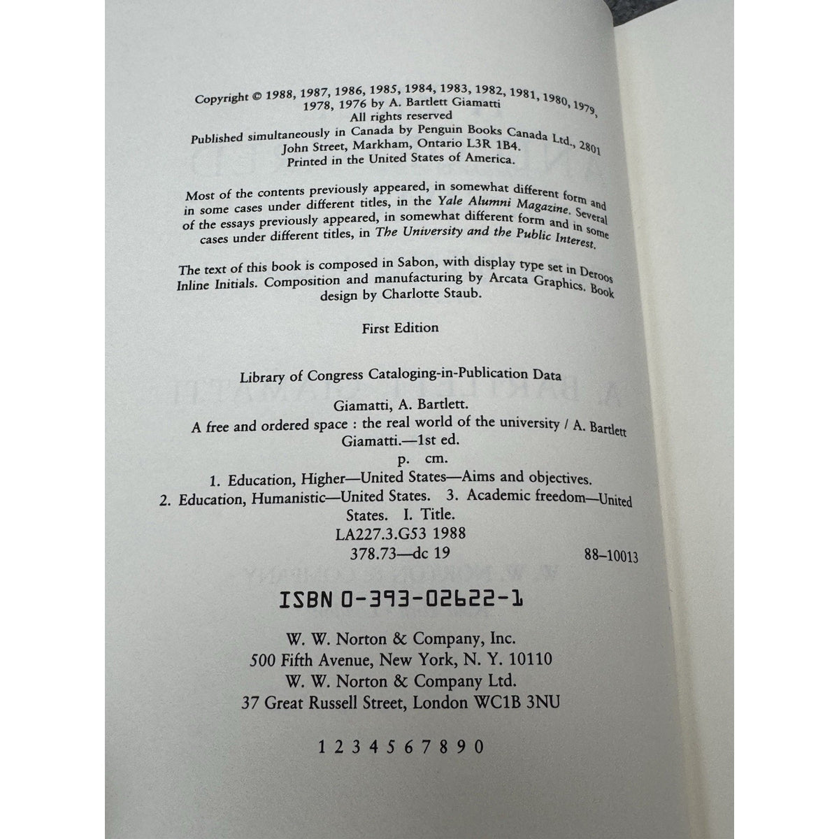 A Free and Ordered Space 1988 A Bartlett Giamatti First Edition HC Dust Jacket