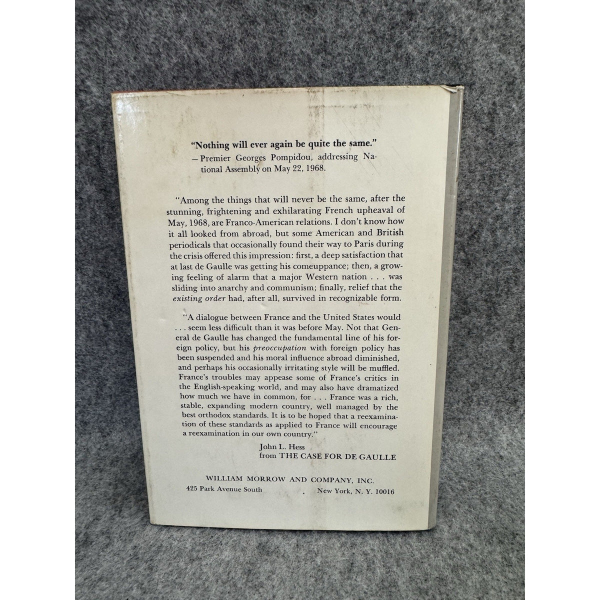 1968 The Case For De Gaulle An American Viewpoint John L Hess HC DJ