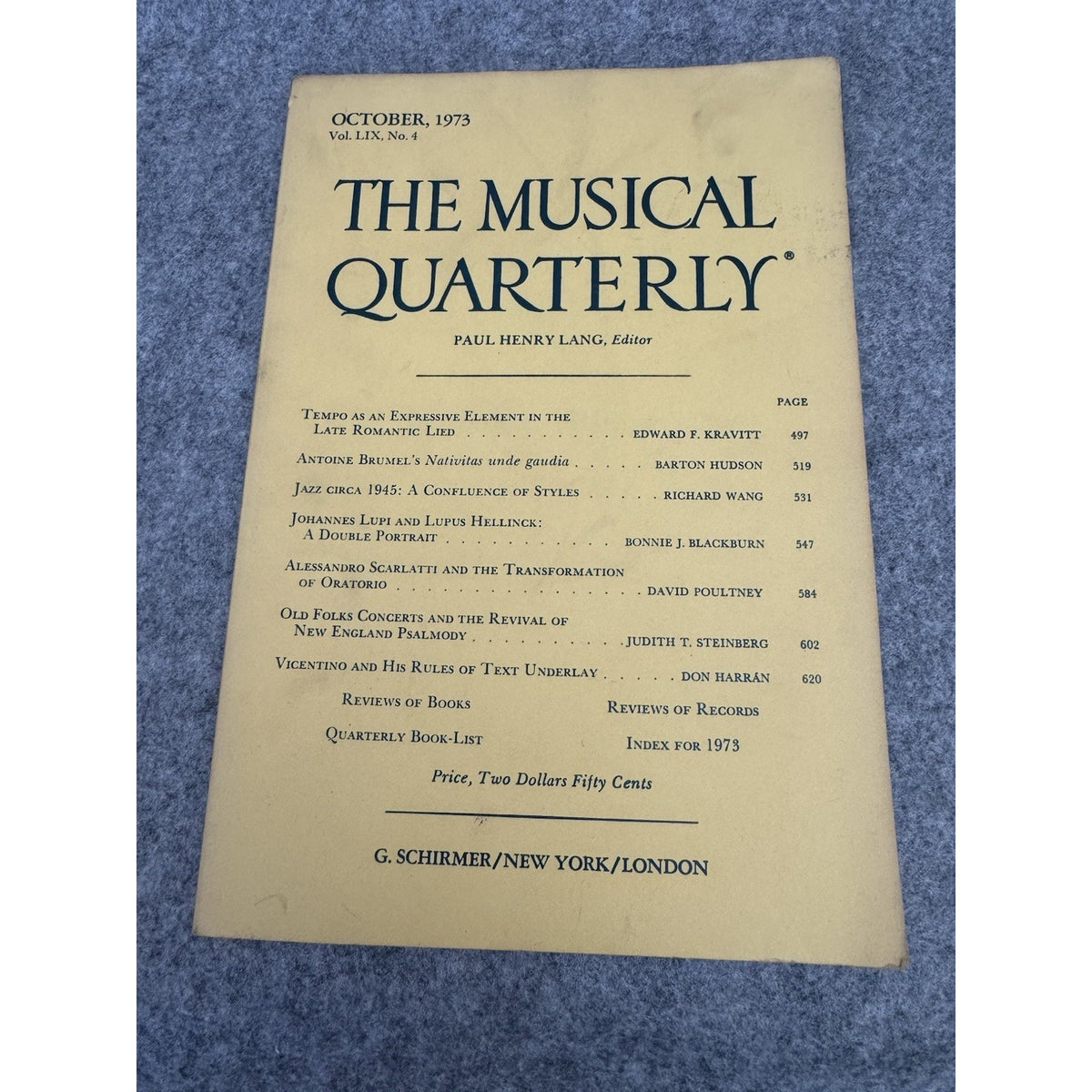 The Musical Quarterly October 1973 Vol 59 No 4 Schirmer Journal