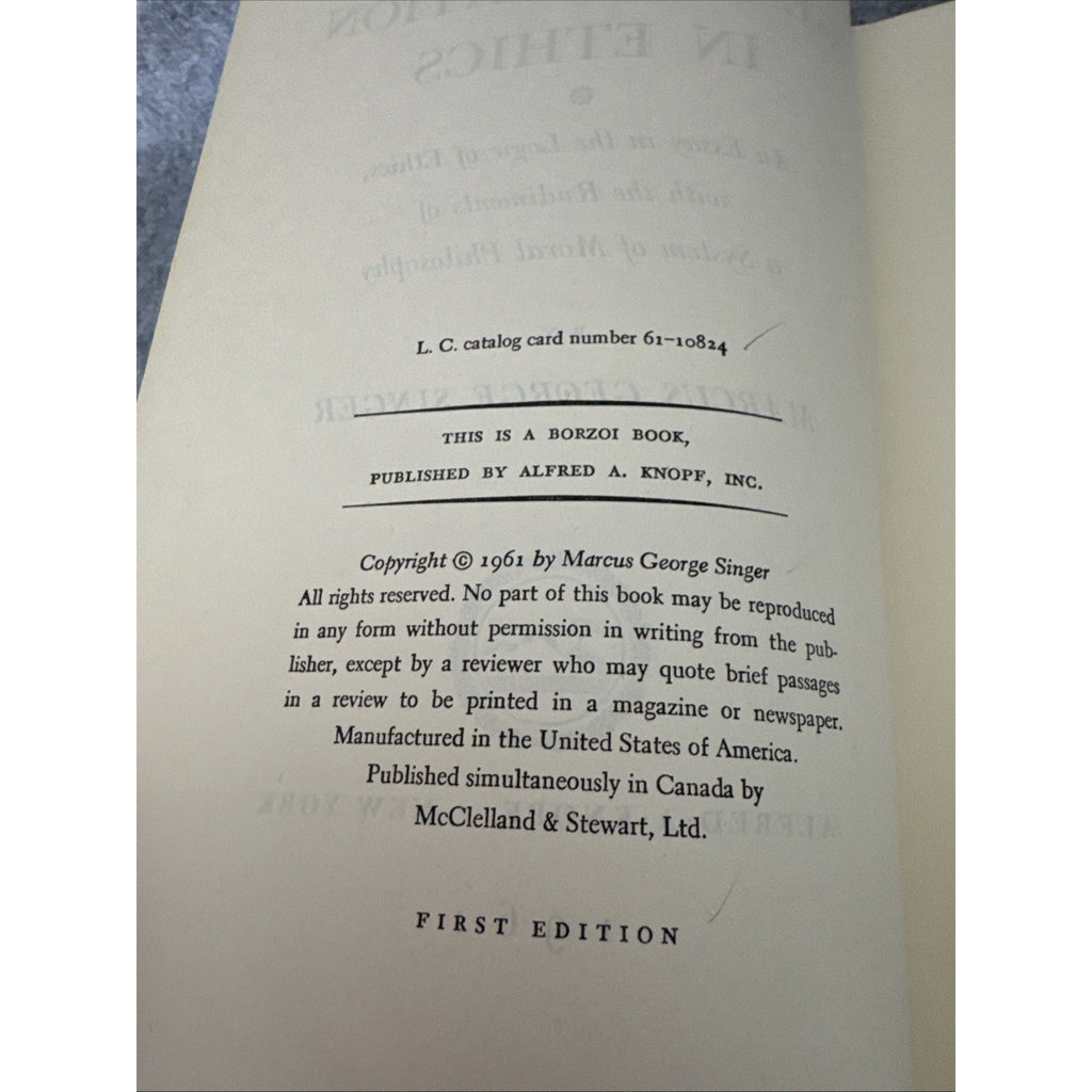 Marcus Singer / Generalization in Ethics An Essay in the Logic 1st Edition 1961