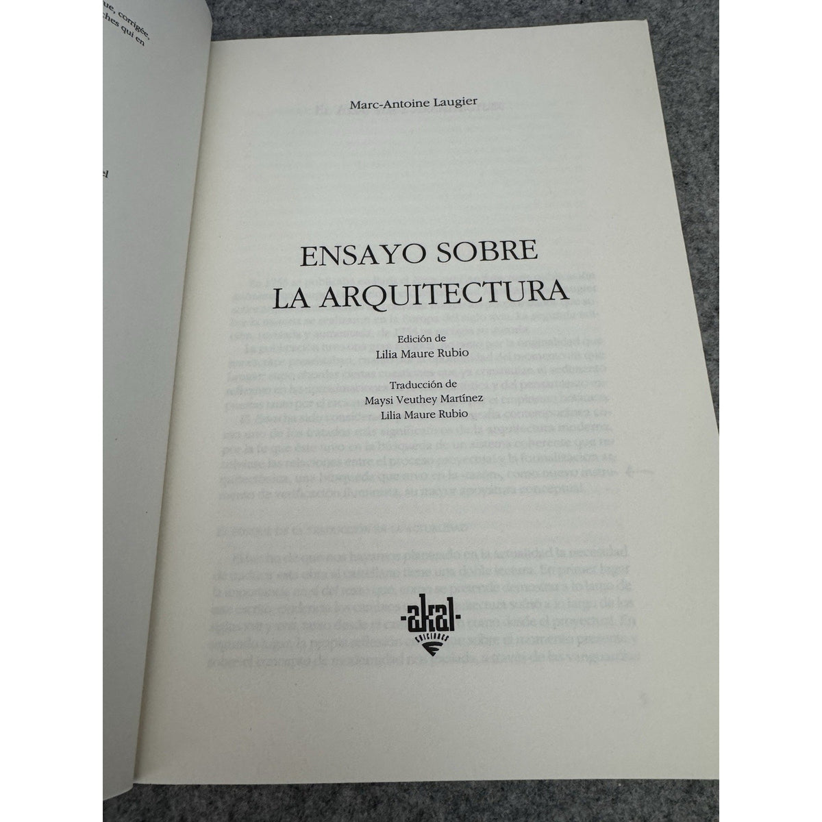 Ensayo Sobre la Arquitectura Marc-Antoine Laugier 1999 Akal Spanish PB