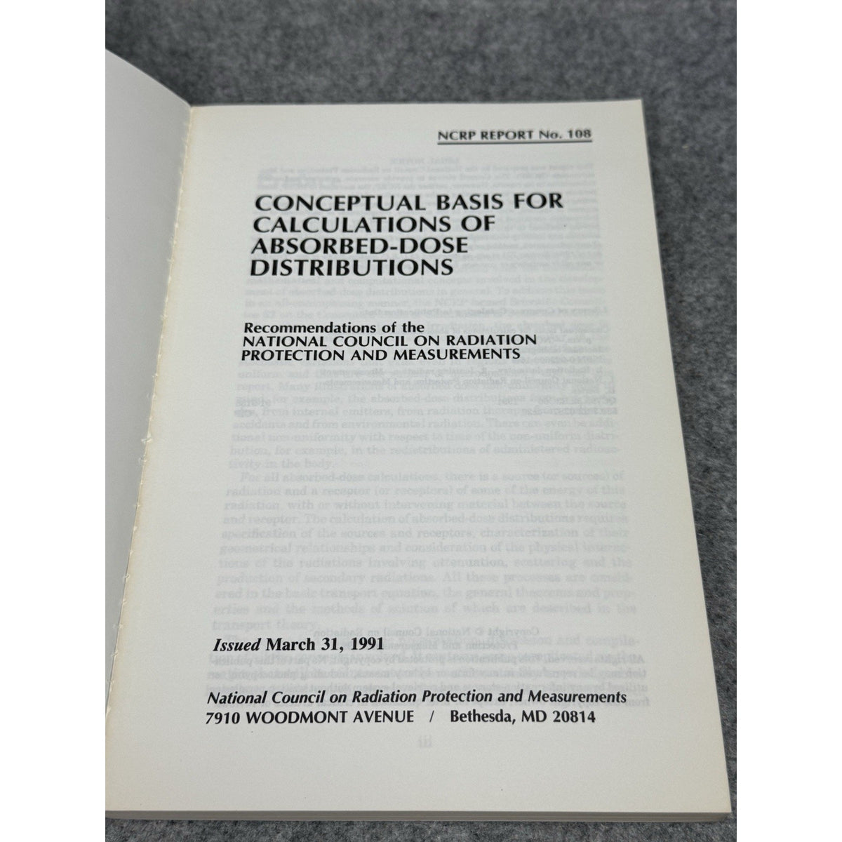NCRP Report 108 Absorbed-Dose Distributions Radiation Dosimetry Physics