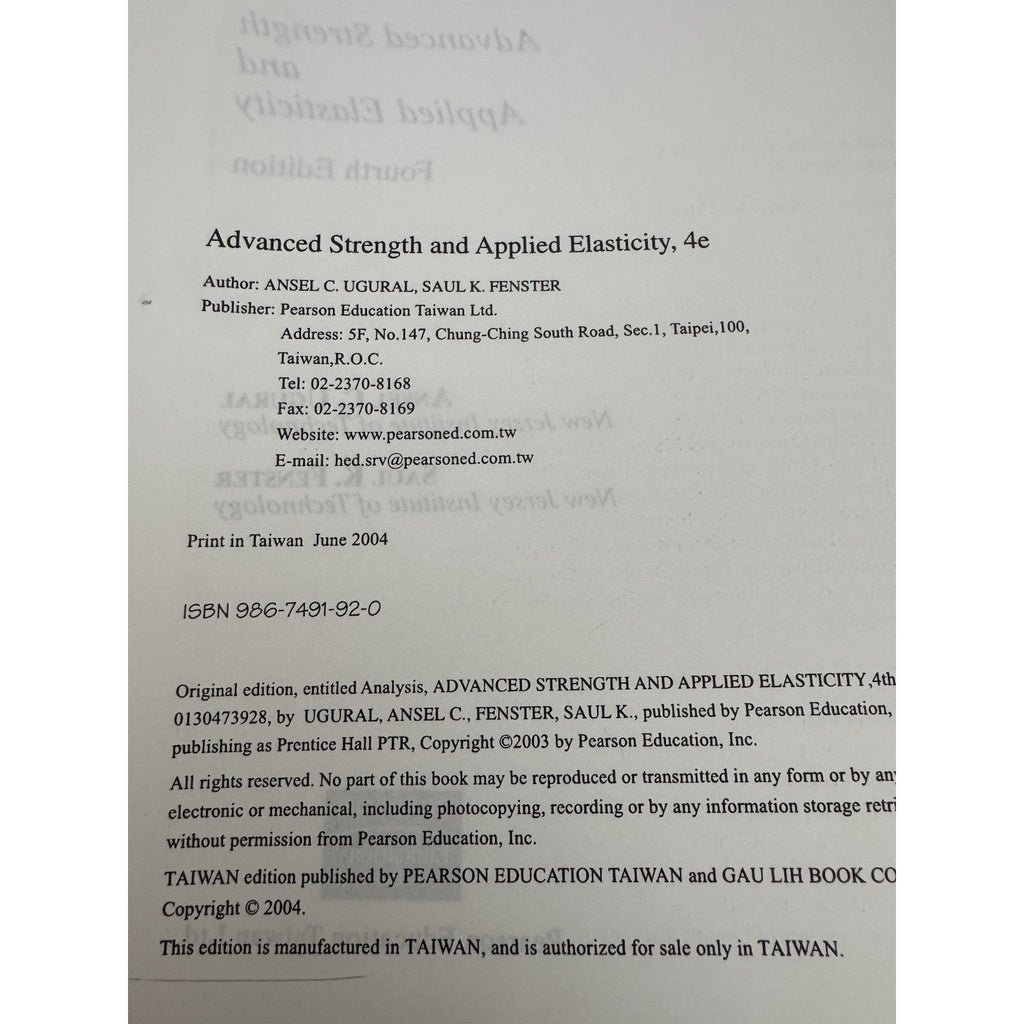 Advanced Strength & Applied Elasticity 4th Ed HC 2004 Taiwan ISBN 9867491920