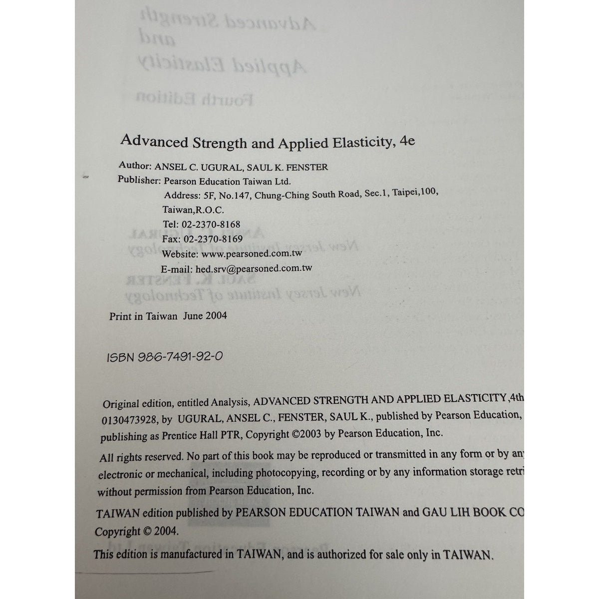 Advanced Strength & Applied Elasticity 4th Ed HC 2004 Taiwan ISBN 9867491920