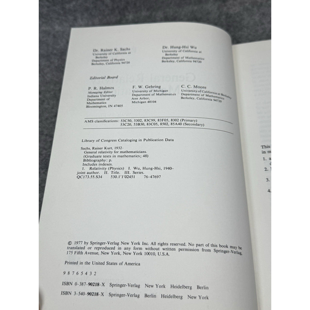 General Relativity for Mathematicians Sachs Wu 1977 HC GTM 48 2nd Printing