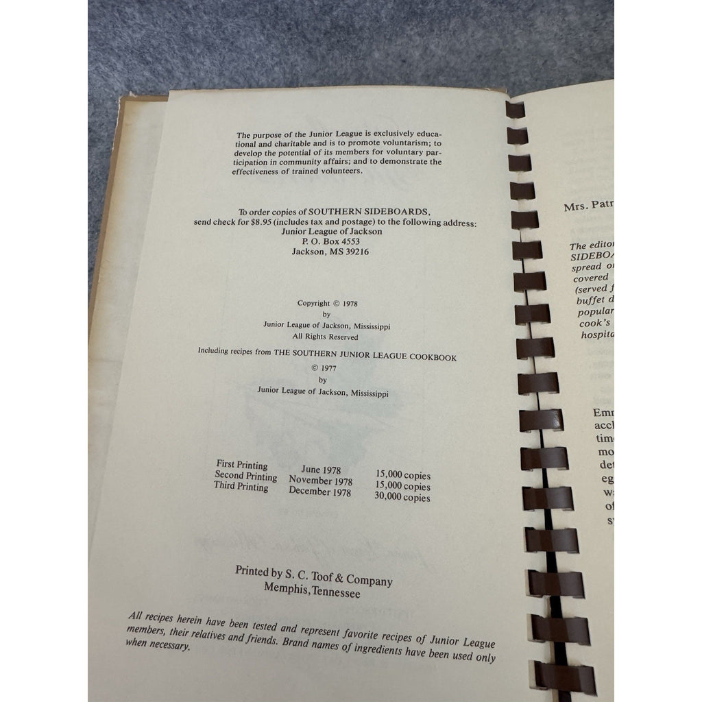 Southern Sideboards 1978 Junior League Jackson Mississippi Cookbook Spiral