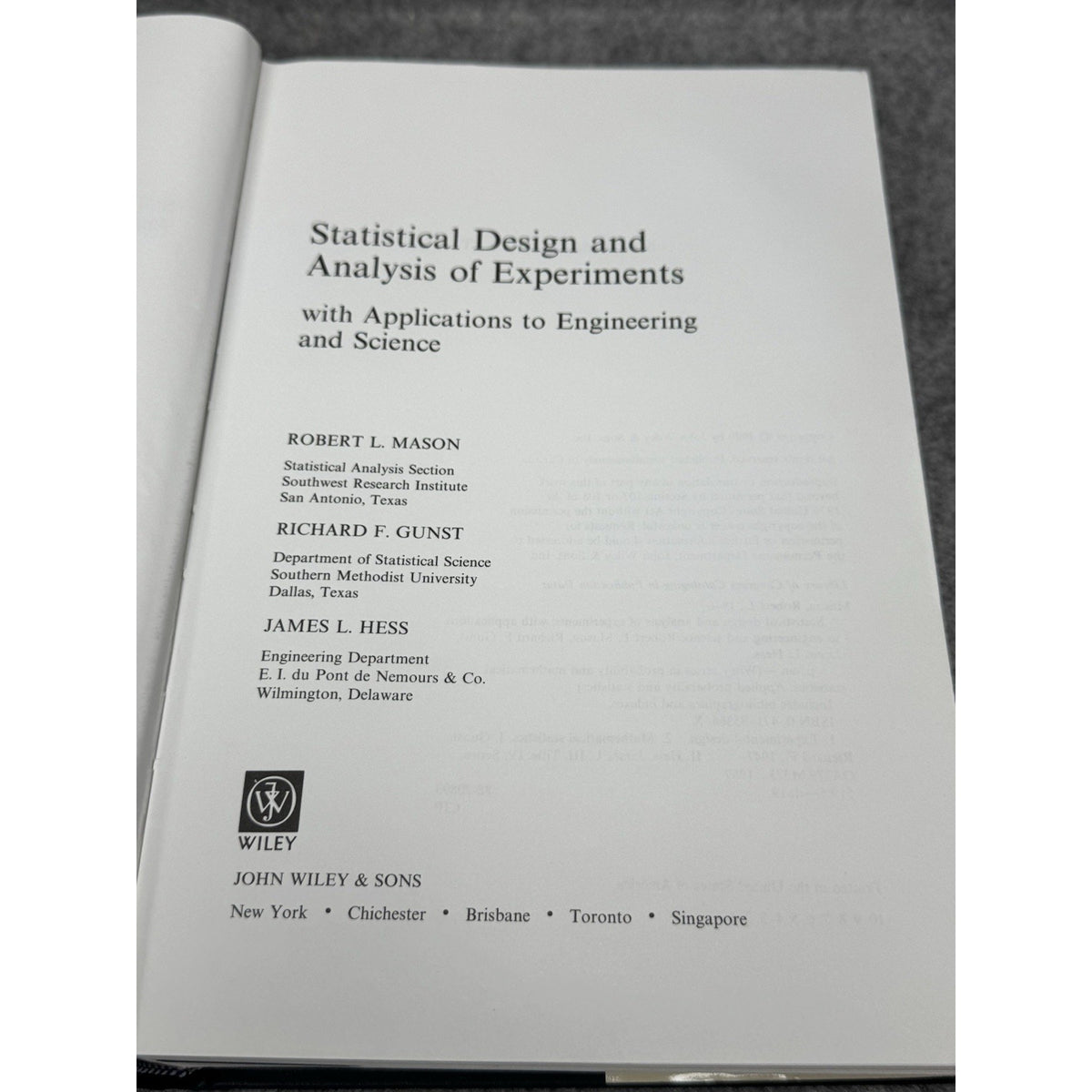 Statistical Design Analysis Experiments Mason Gunst Hess 1st Ed Hardcover DJ