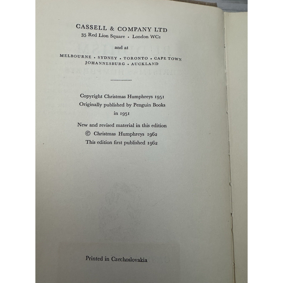 Buddhism Christmas Humphreys 1962 HC Cassell Belle Sauvage Library
