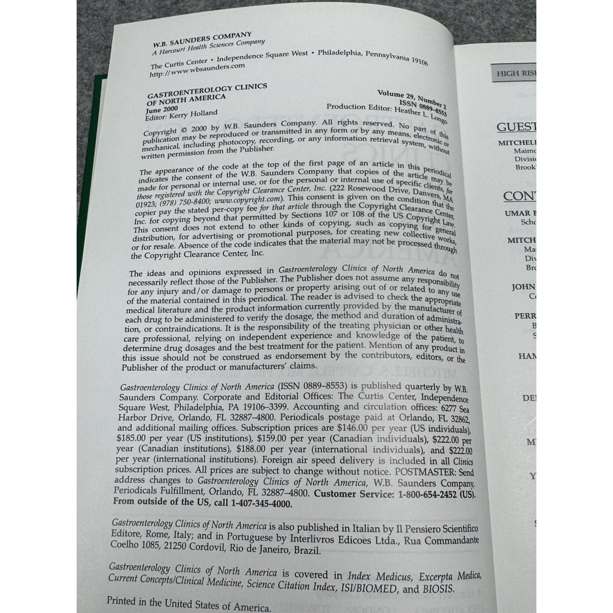 Gastroenterology Clinics North America High Risk GI Bleeding Part II 2000 HC