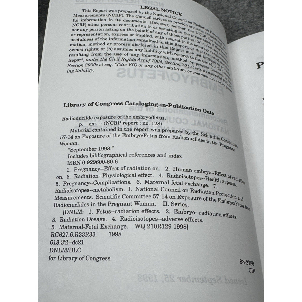 NCRP Report 128 Radionuclide Exposure Embryo Fetus Radiation Safety