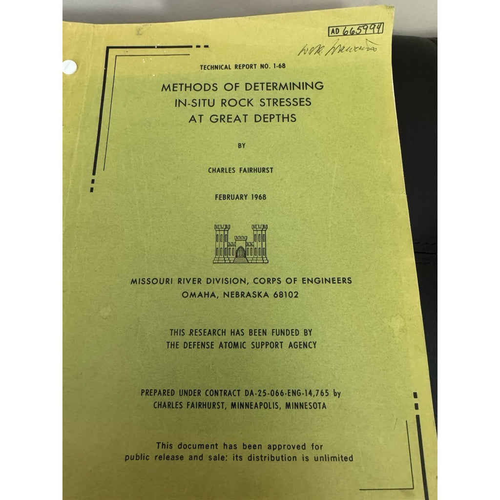 1968 US Army Corps Rock Stress Report Fairhurst In-Situ Mining